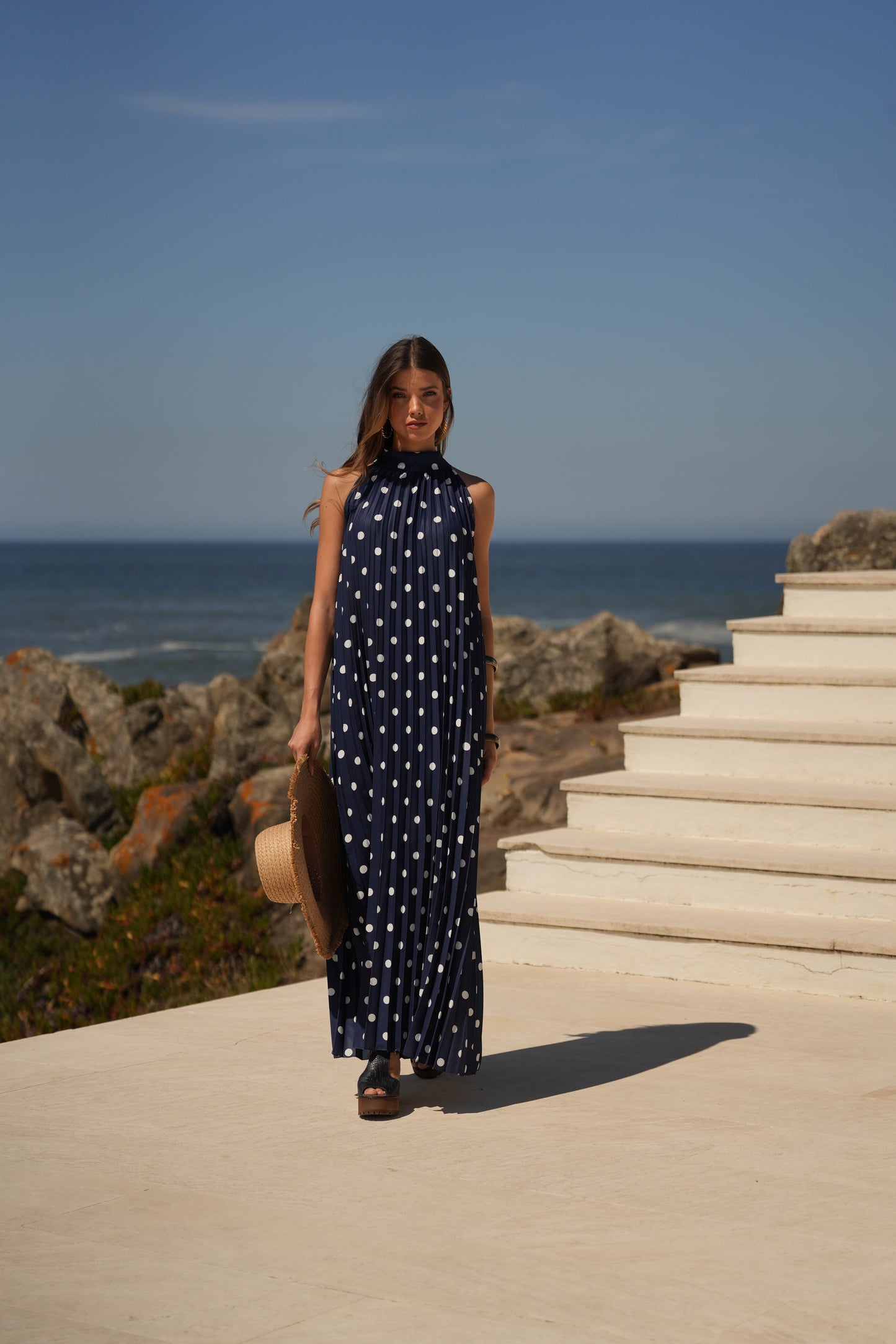 Vestido plisado estampado de lunares