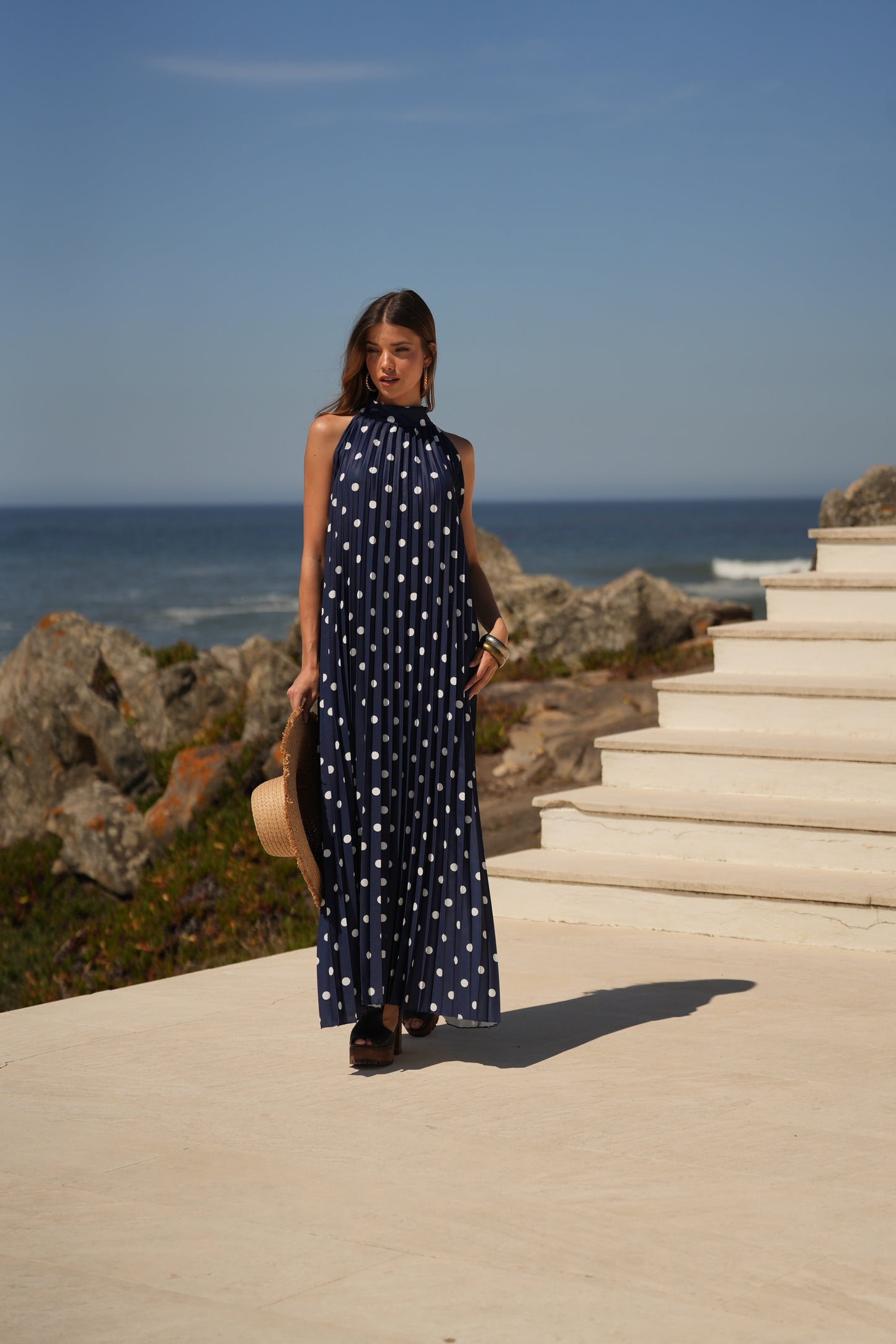 Vestido plisado estampado de lunares