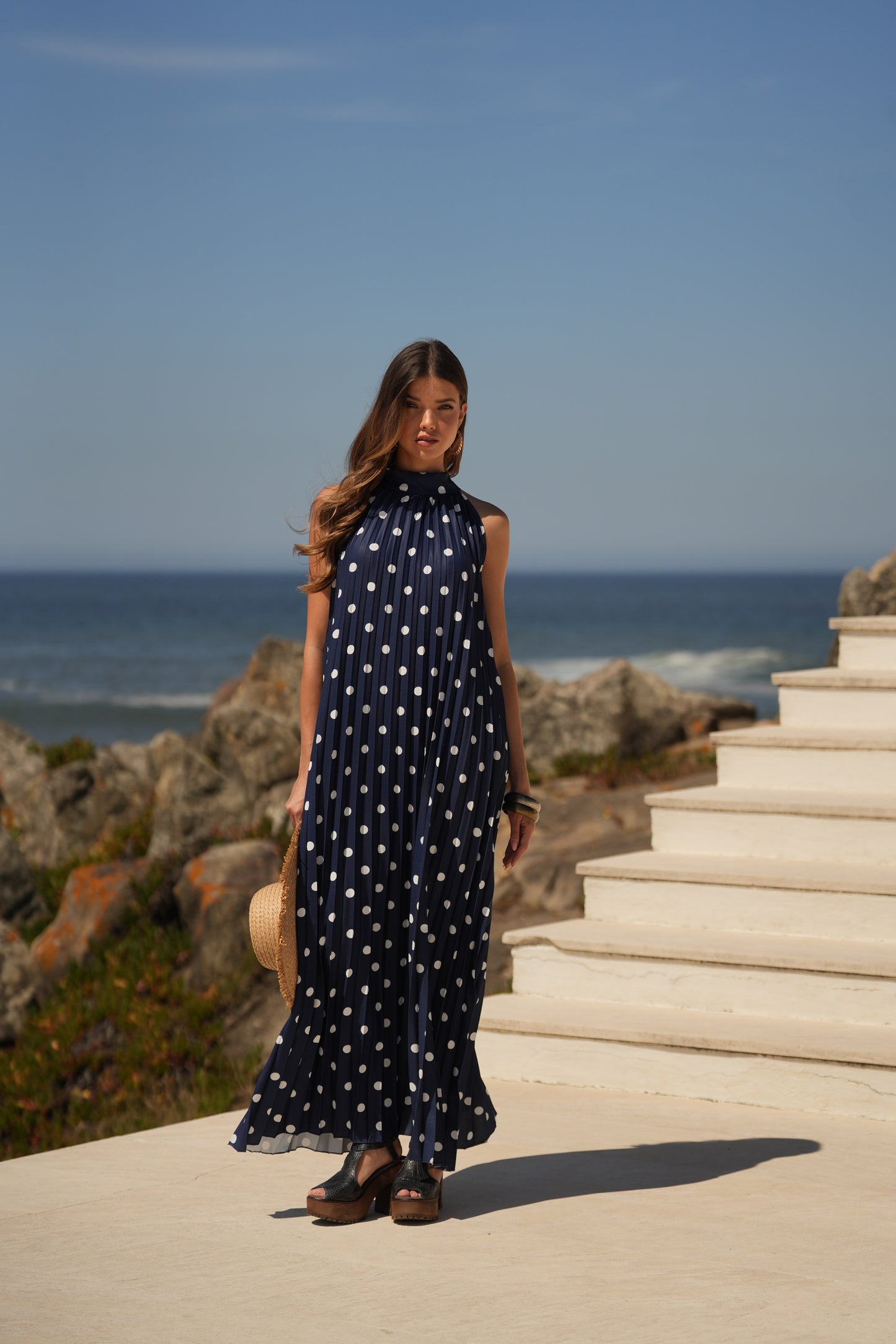 Vestido plisado estampado de lunares