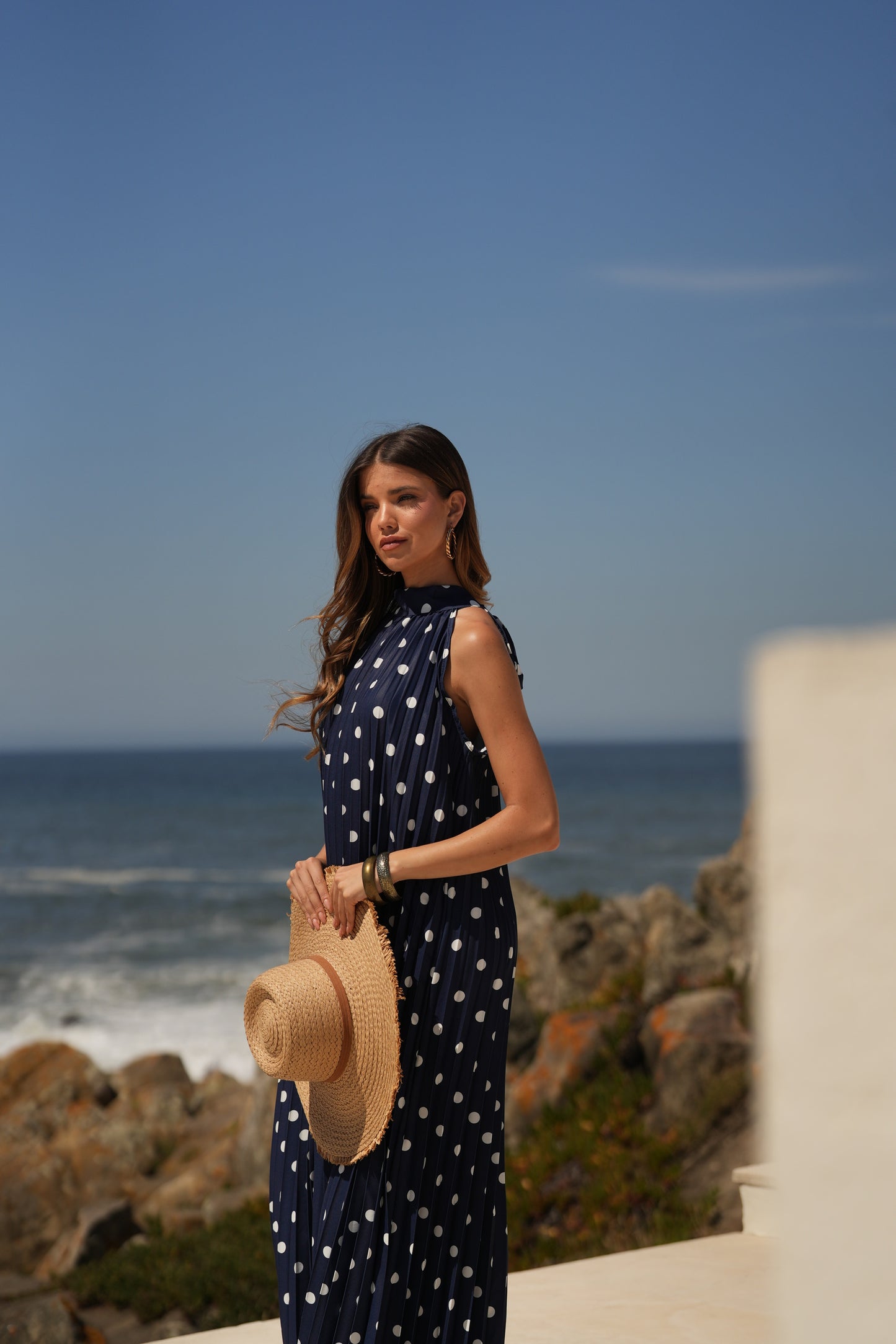 Vestido plisado estampado de lunares