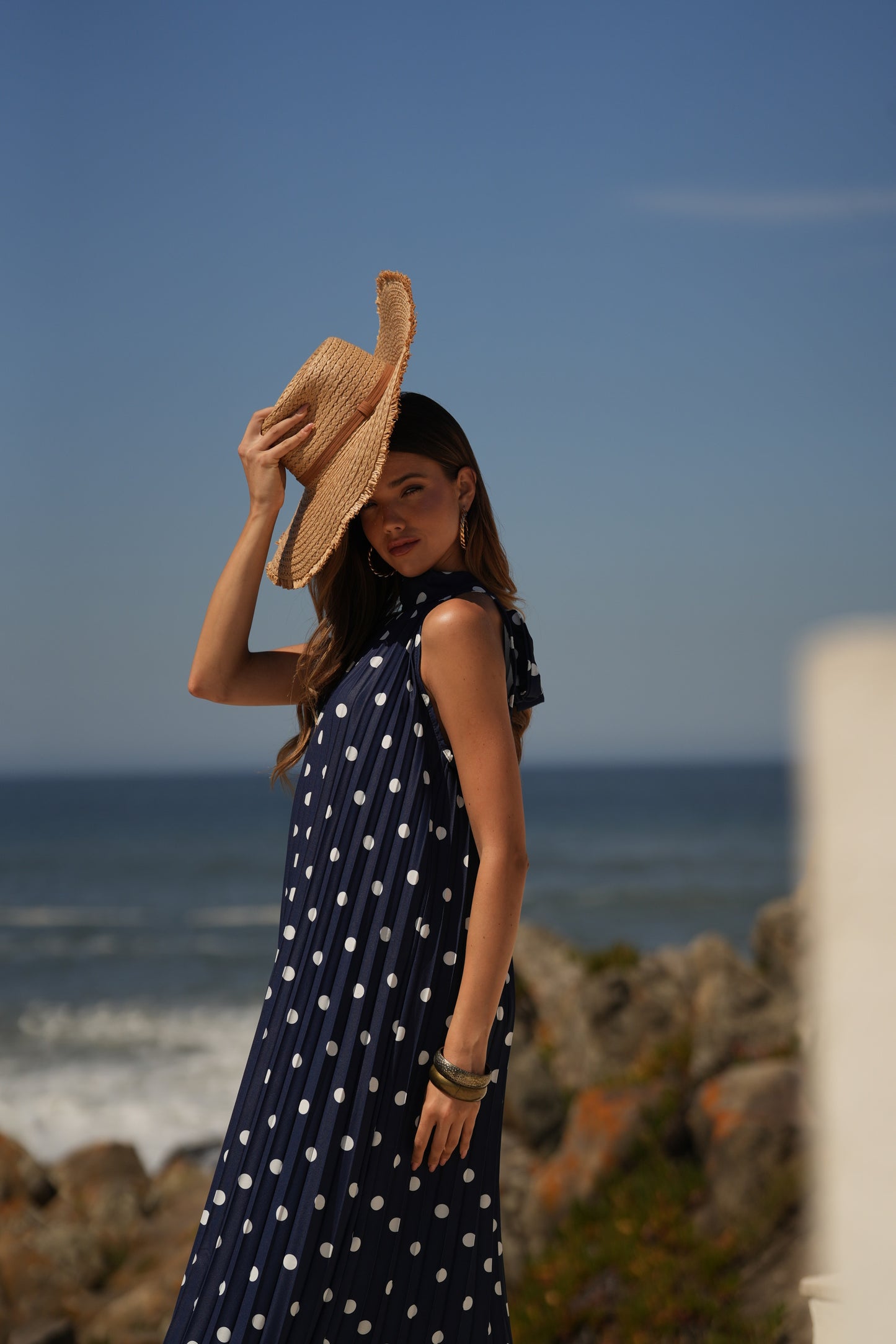 Vestido plisado estampado de lunares