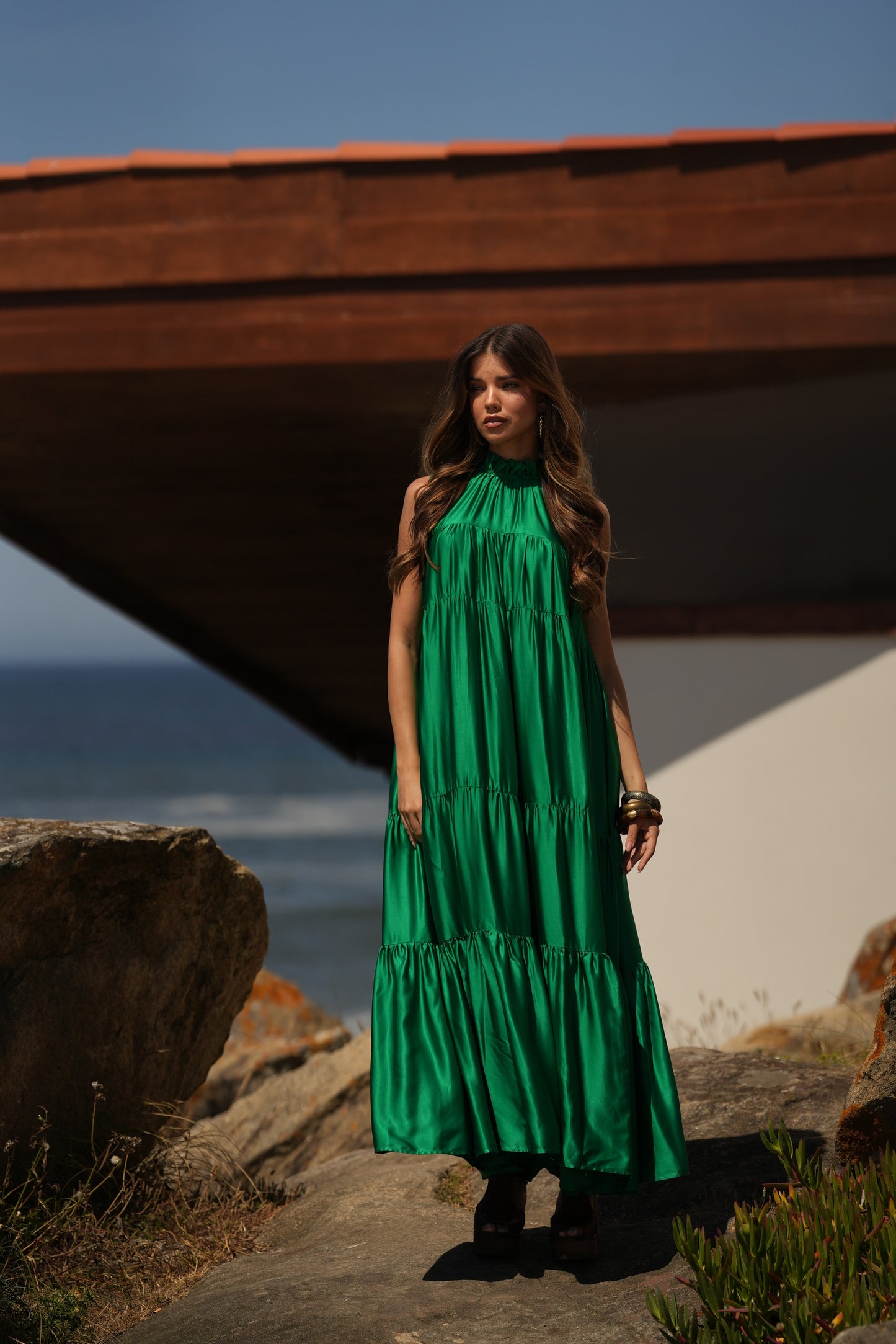 Vestido comprido em seda verde