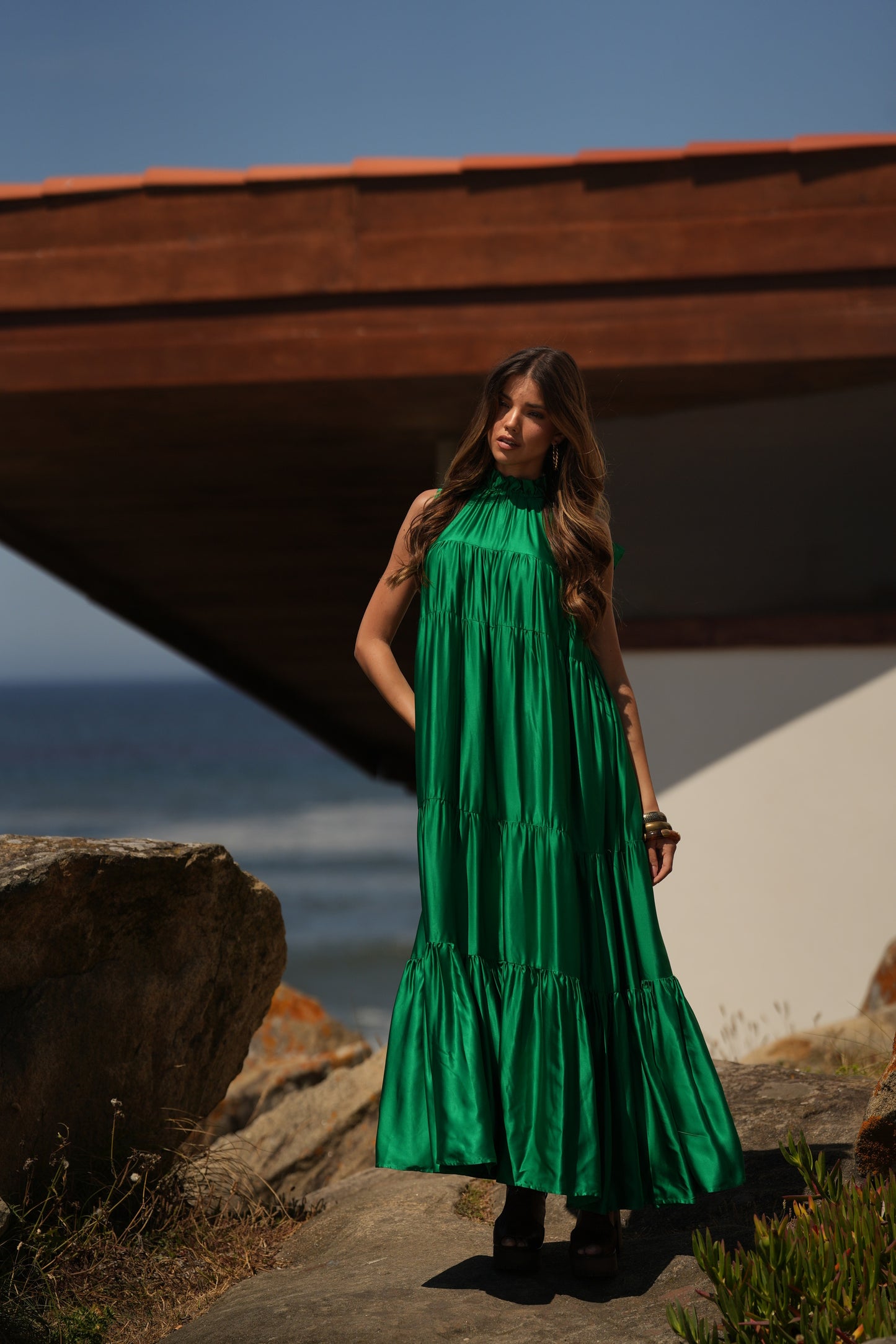 Vestido comprido em seda verde