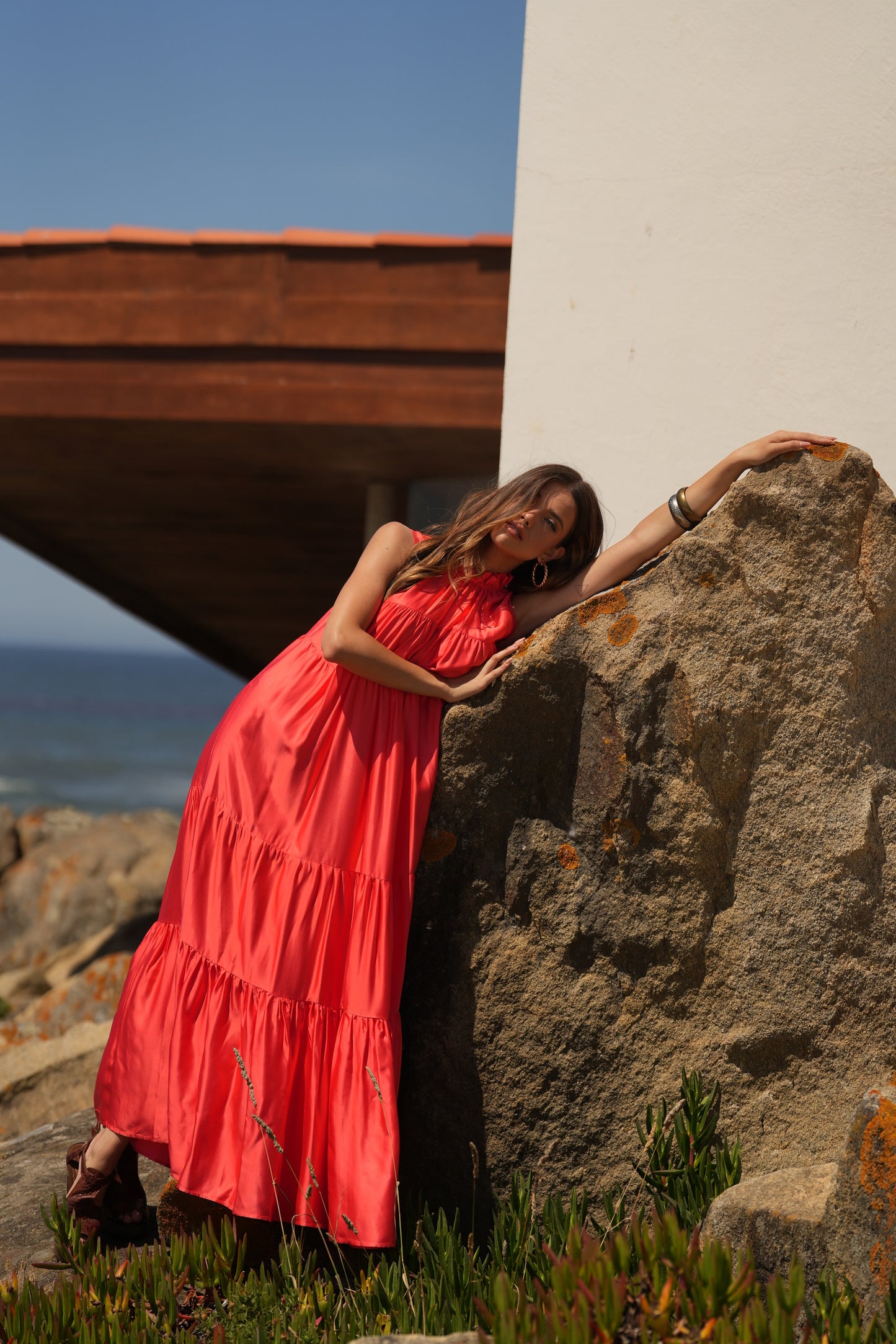Vestido largo de seda rosa