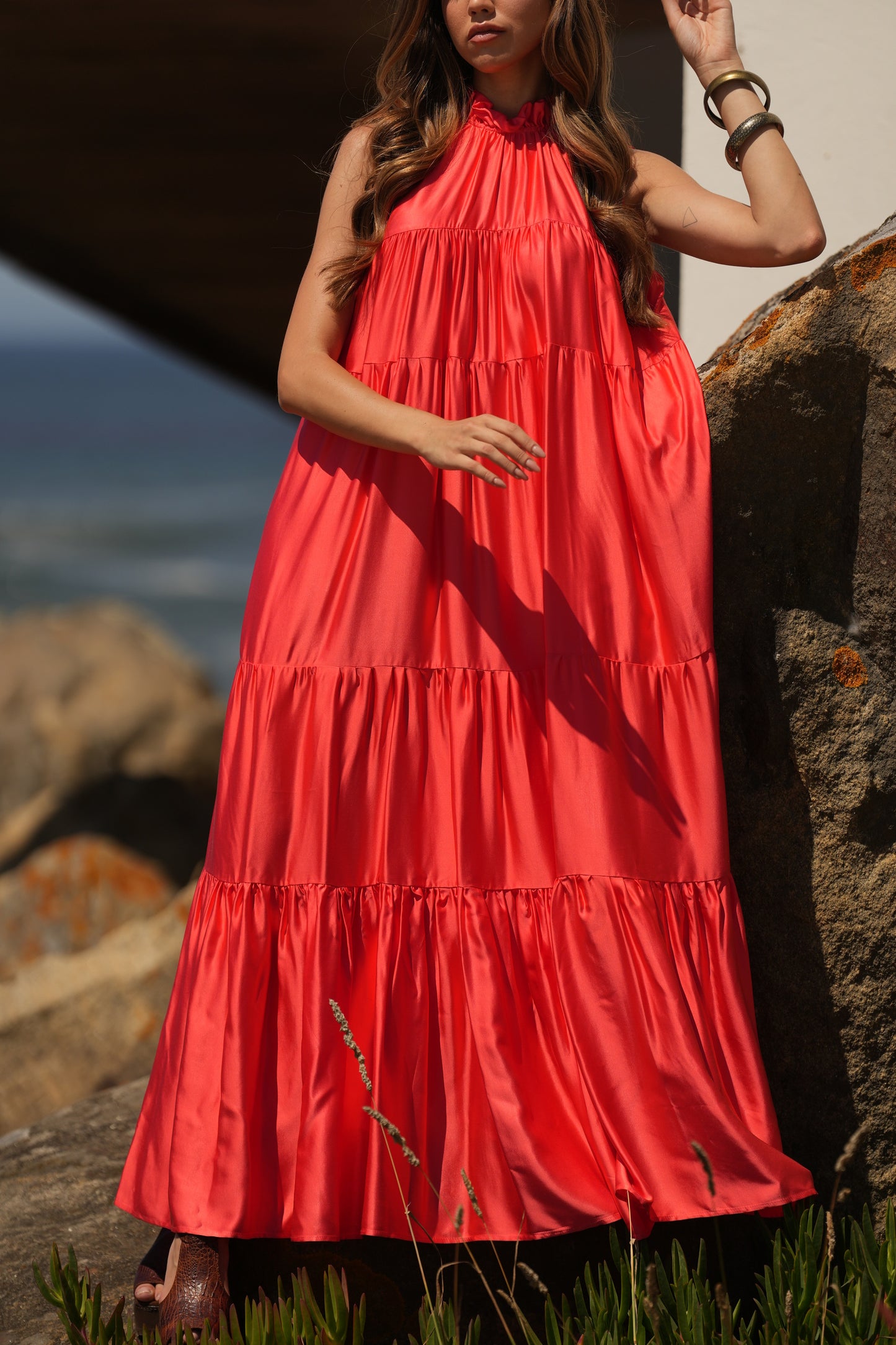Vestido largo de seda rosa