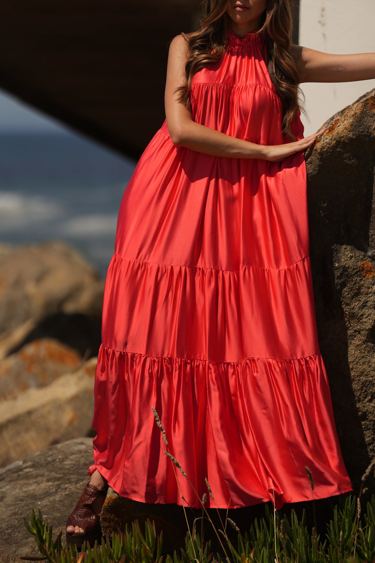 Vestido largo de seda rosa