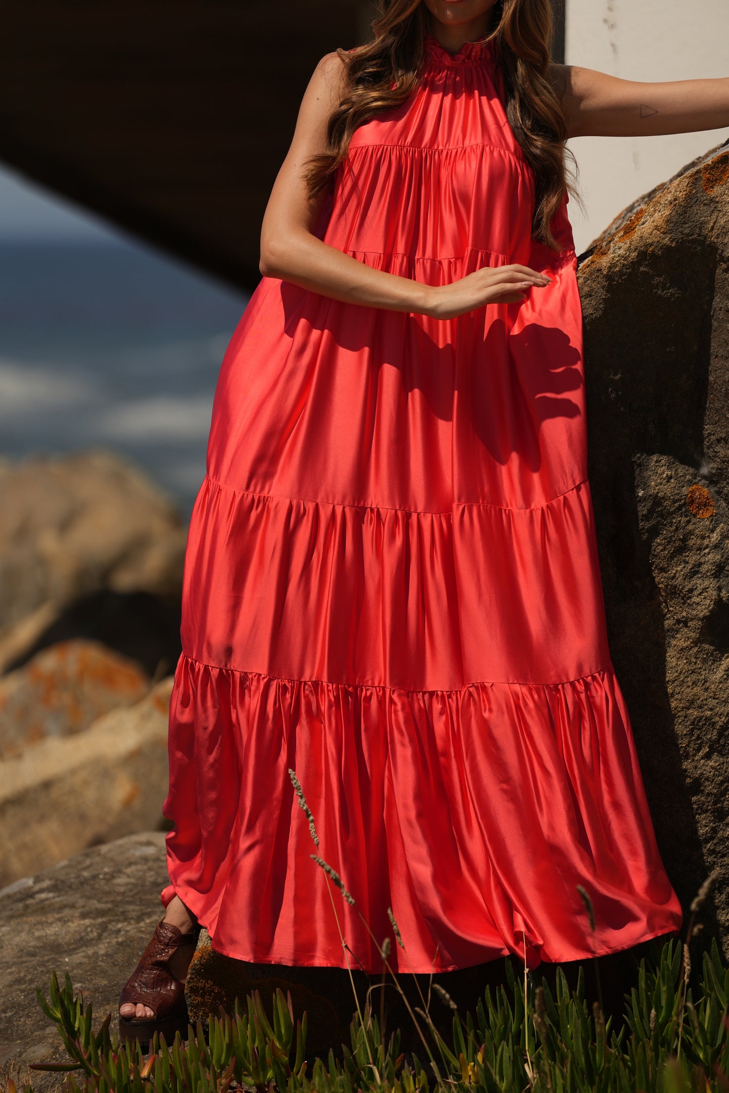 Vestido largo de seda rosa