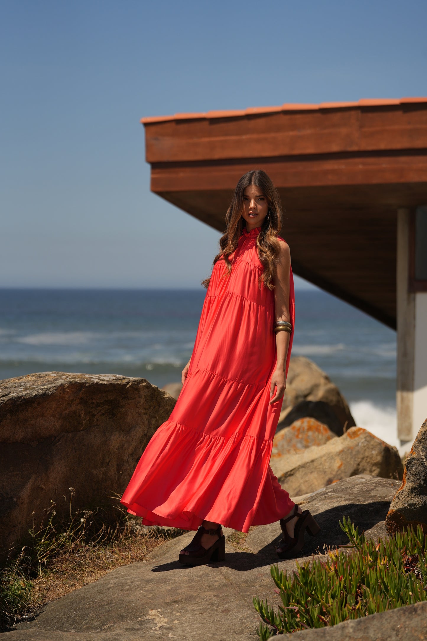 Vestido largo de seda rosa