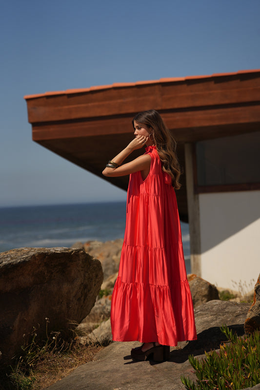 Vestido comprido em seda rosa