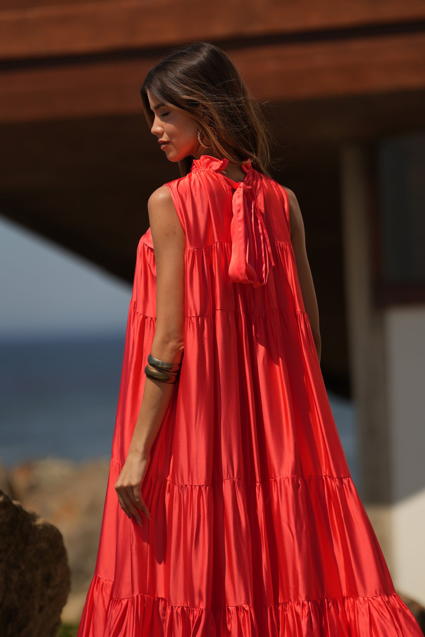 Vestido largo de seda rosa