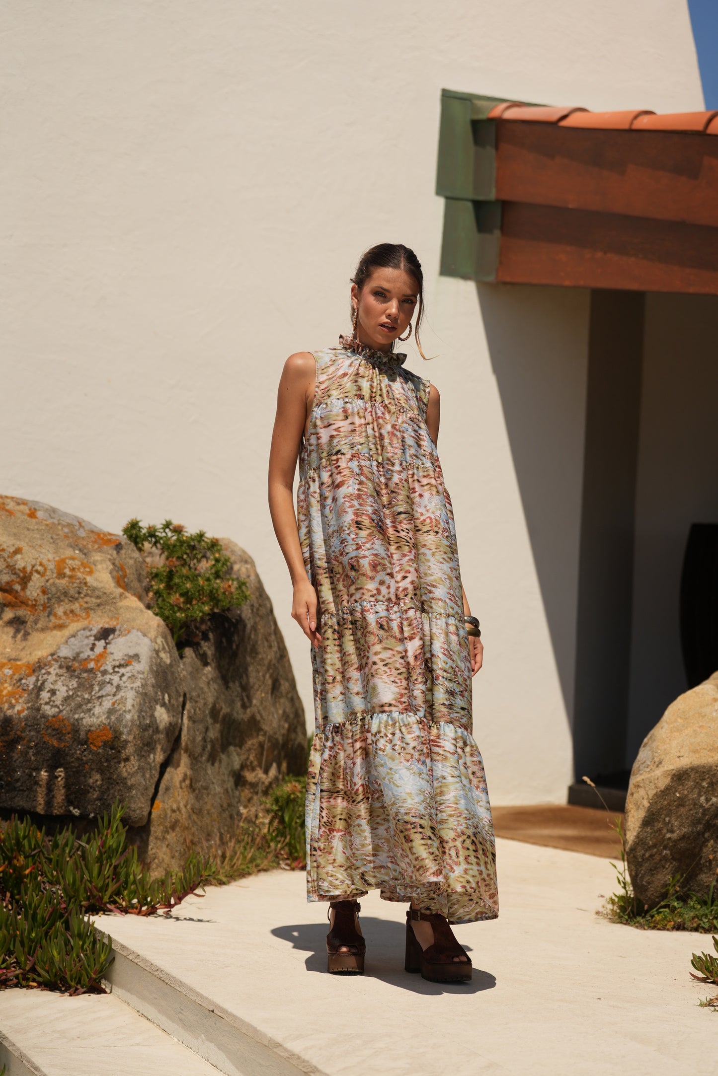 Vestido largo de seda estampada