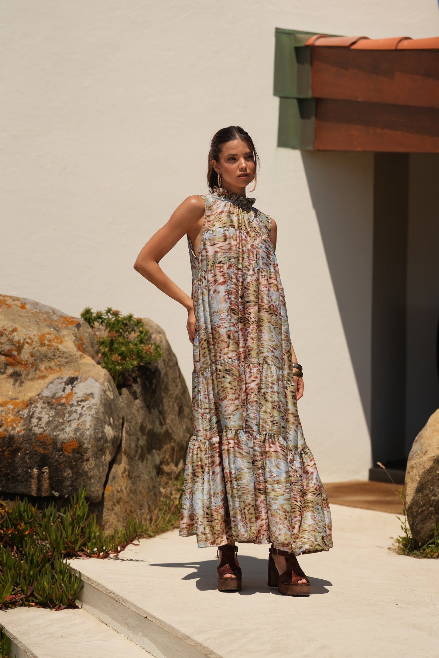 Vestido largo de seda estampada