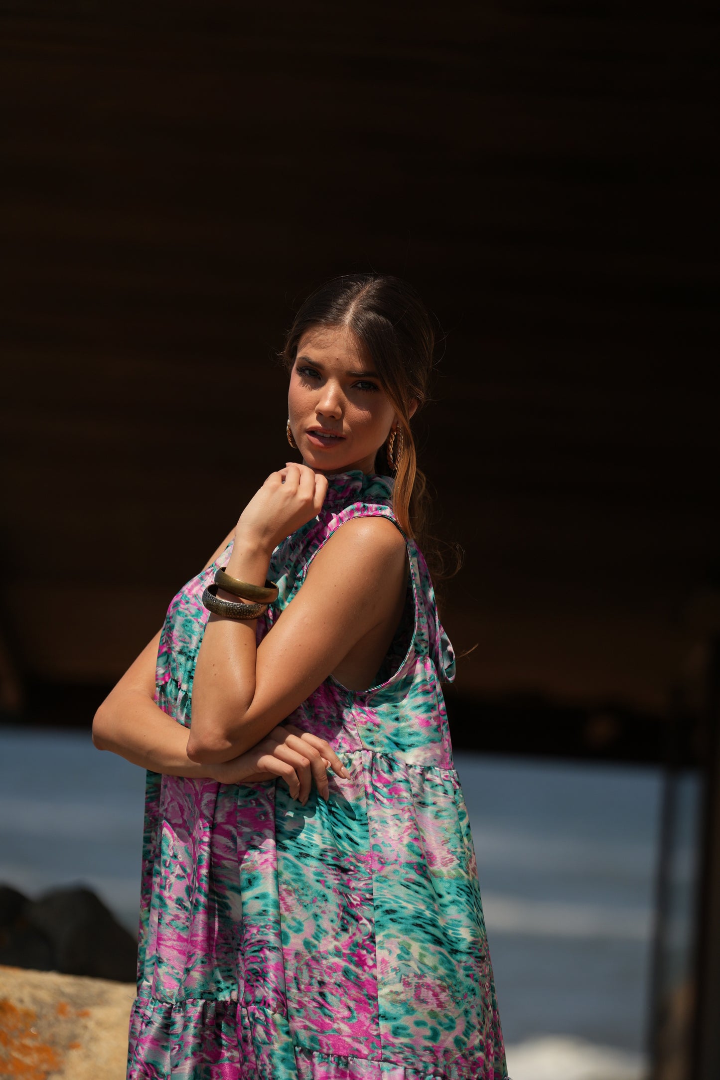 Vestido comprido em seda estampada