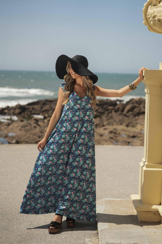 Vestido comprido em malha estampada