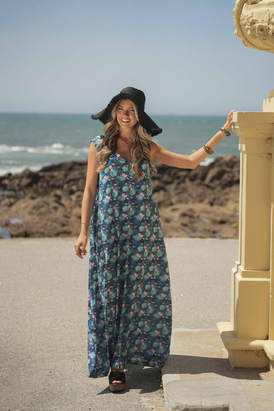 Vestido comprido em malha estampada