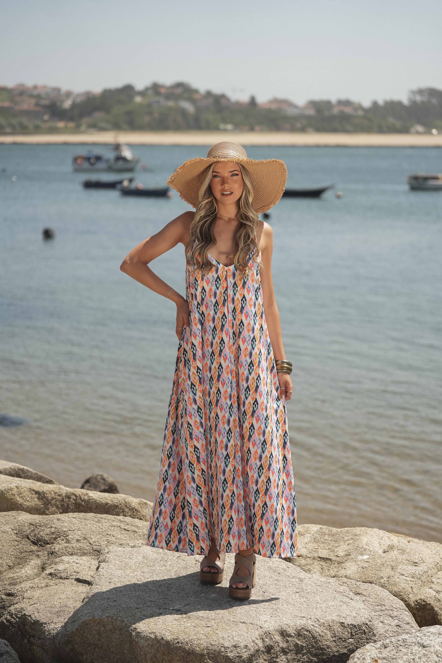 Long printed dress with straps
