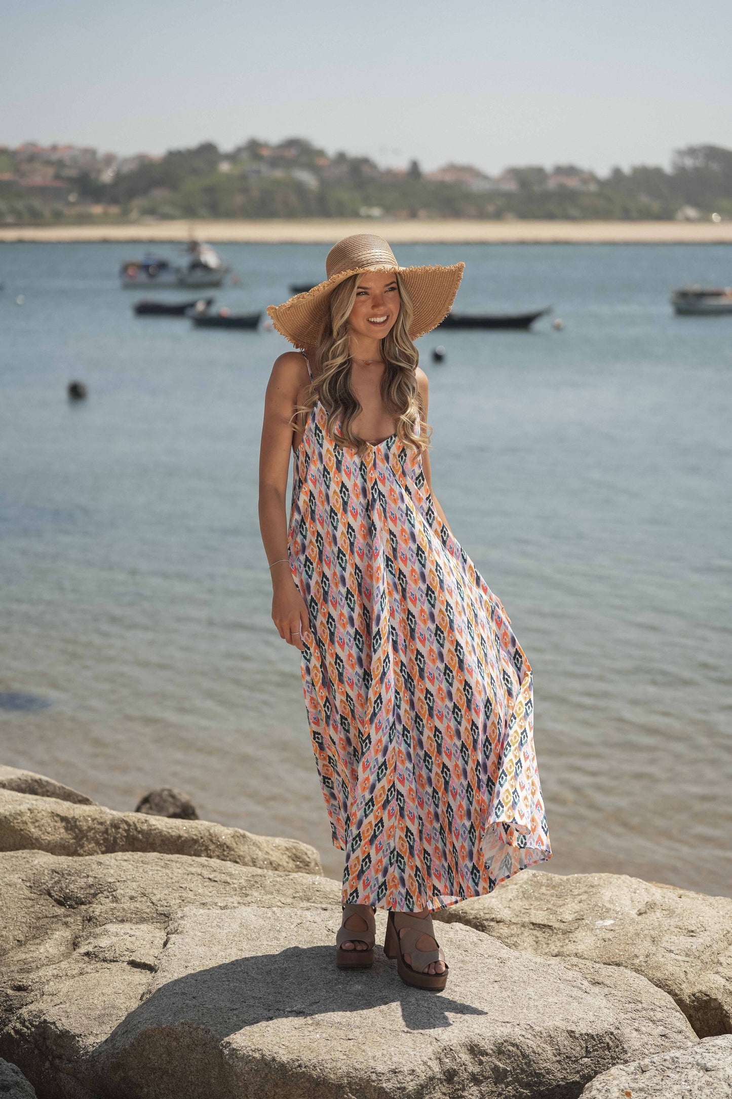 Long printed dress with straps