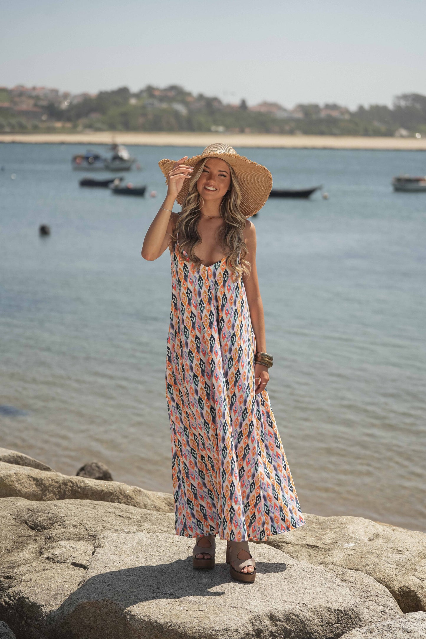 Long printed dress with straps