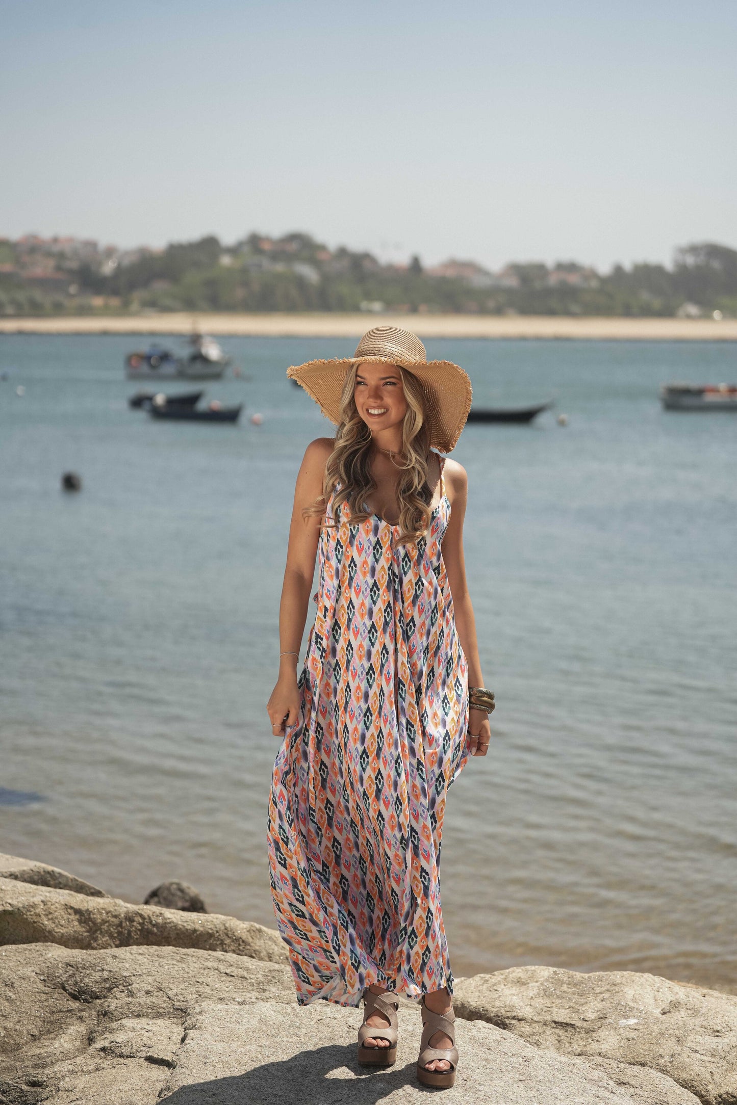 Long printed dress with straps