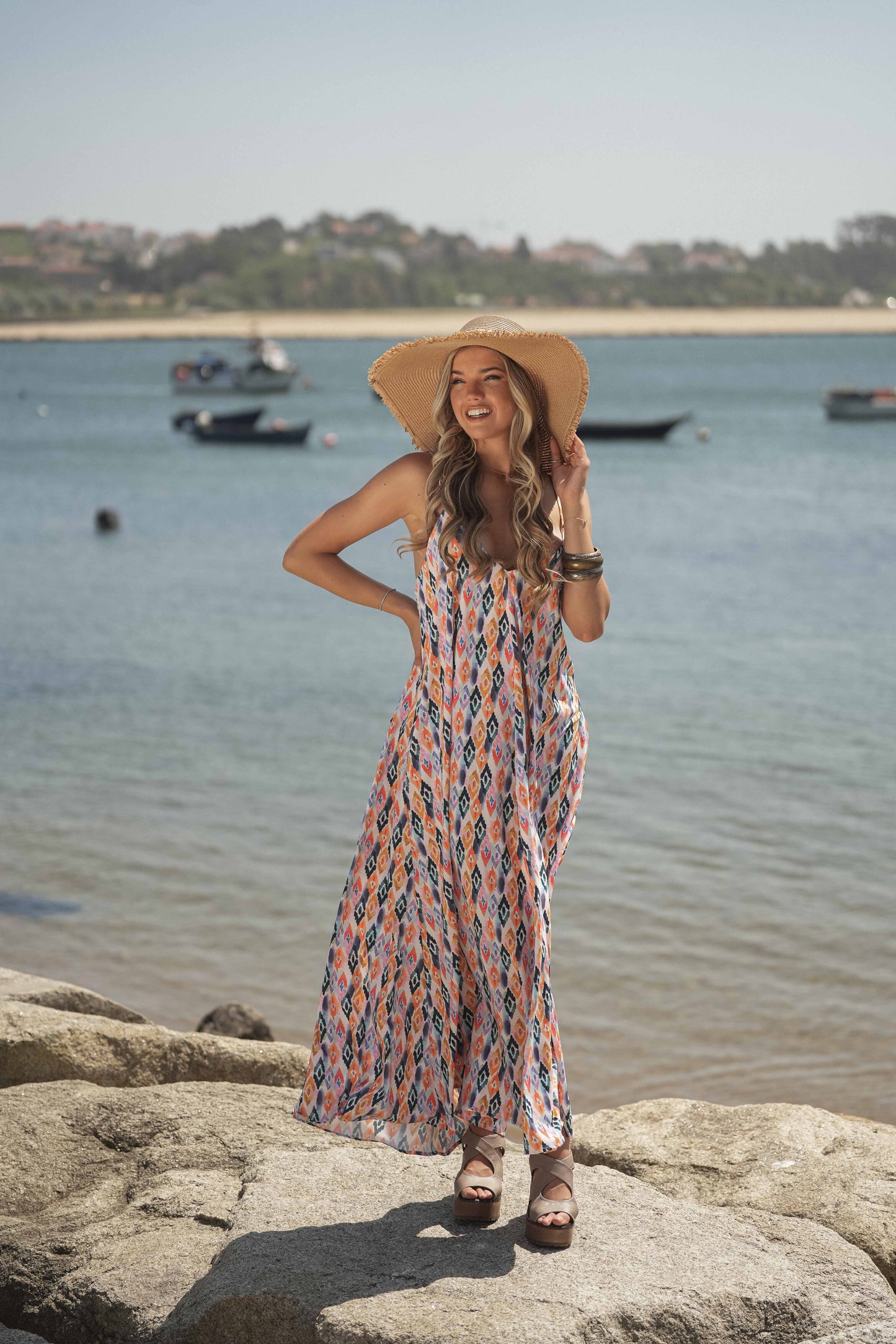 Long printed dress with straps