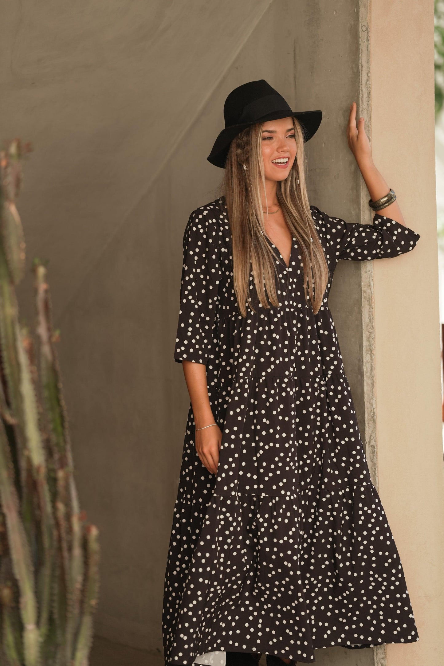 Vestido comprido com estampado bolas