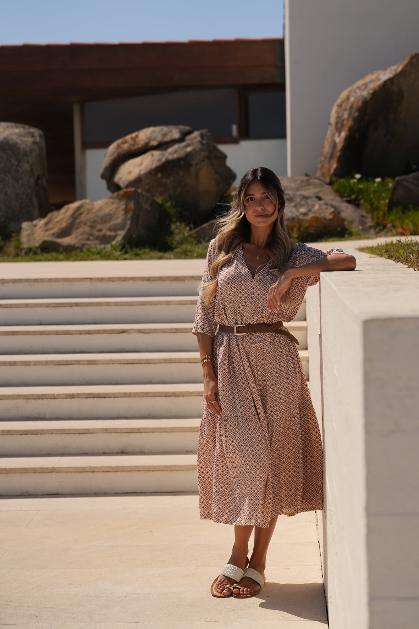 Vestido comprido em viscose estampada
