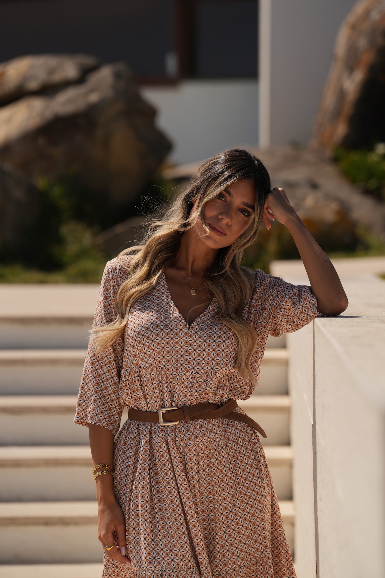 Vestido comprido em viscose estampada