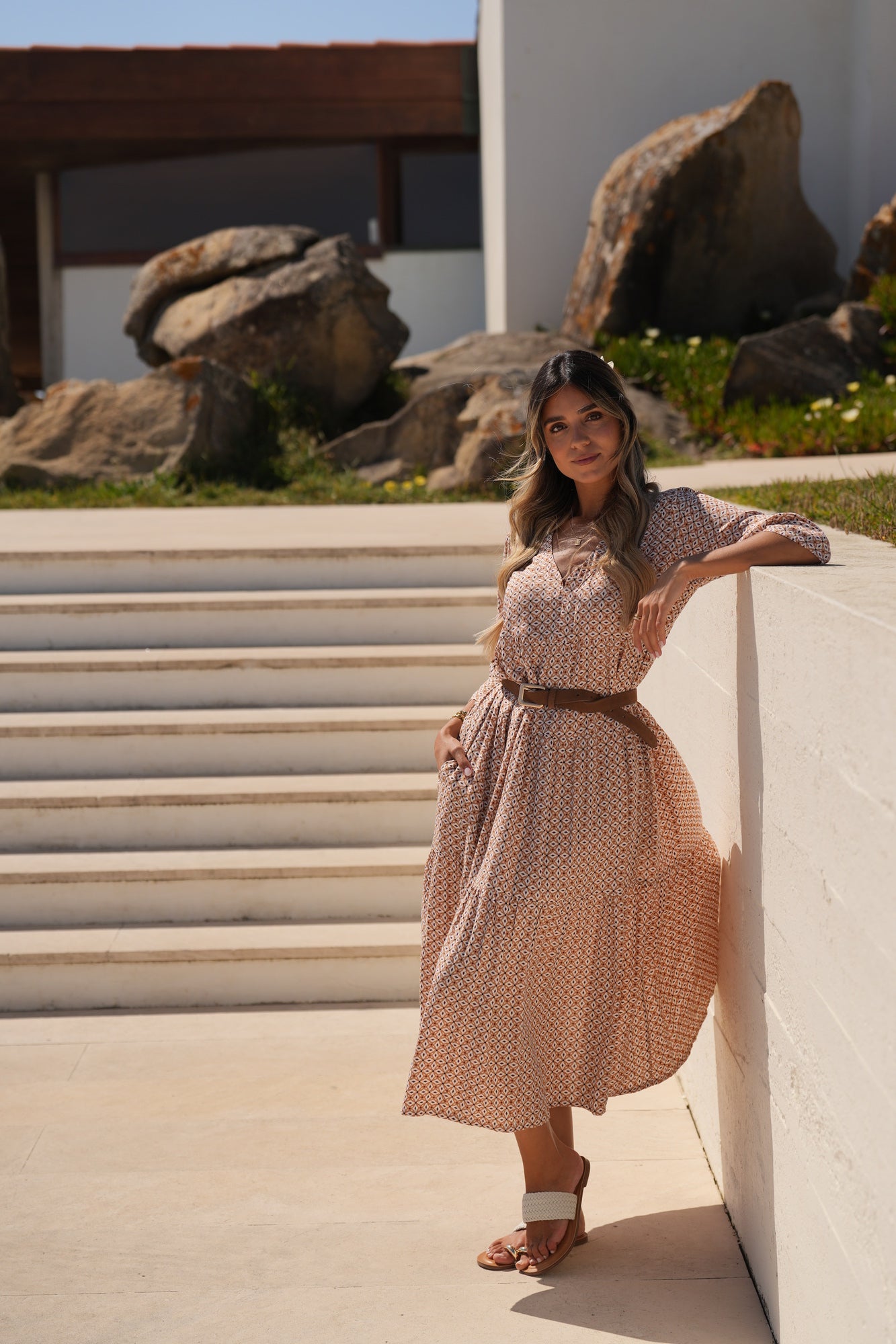 Vestido comprido em viscose estampada