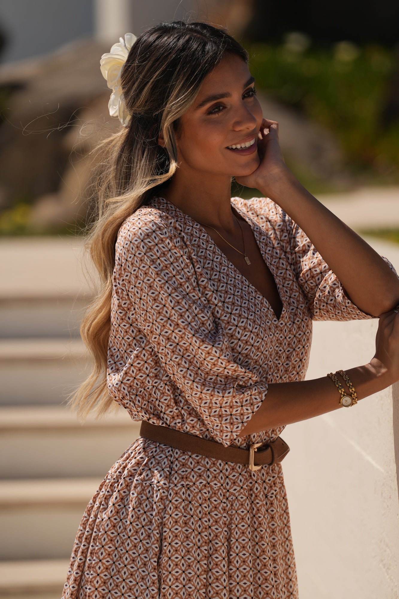 Vestido comprido em viscose estampada