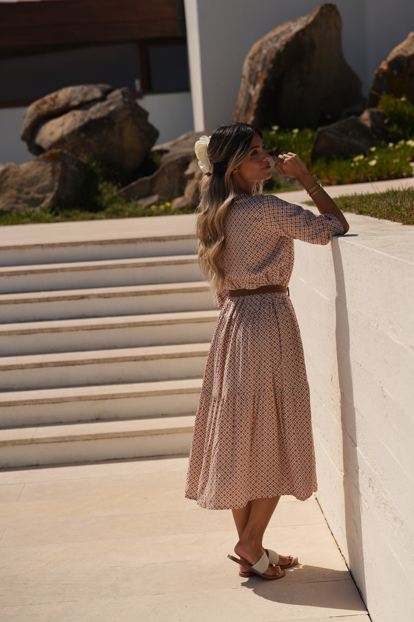 Vestido comprido em viscose estampada