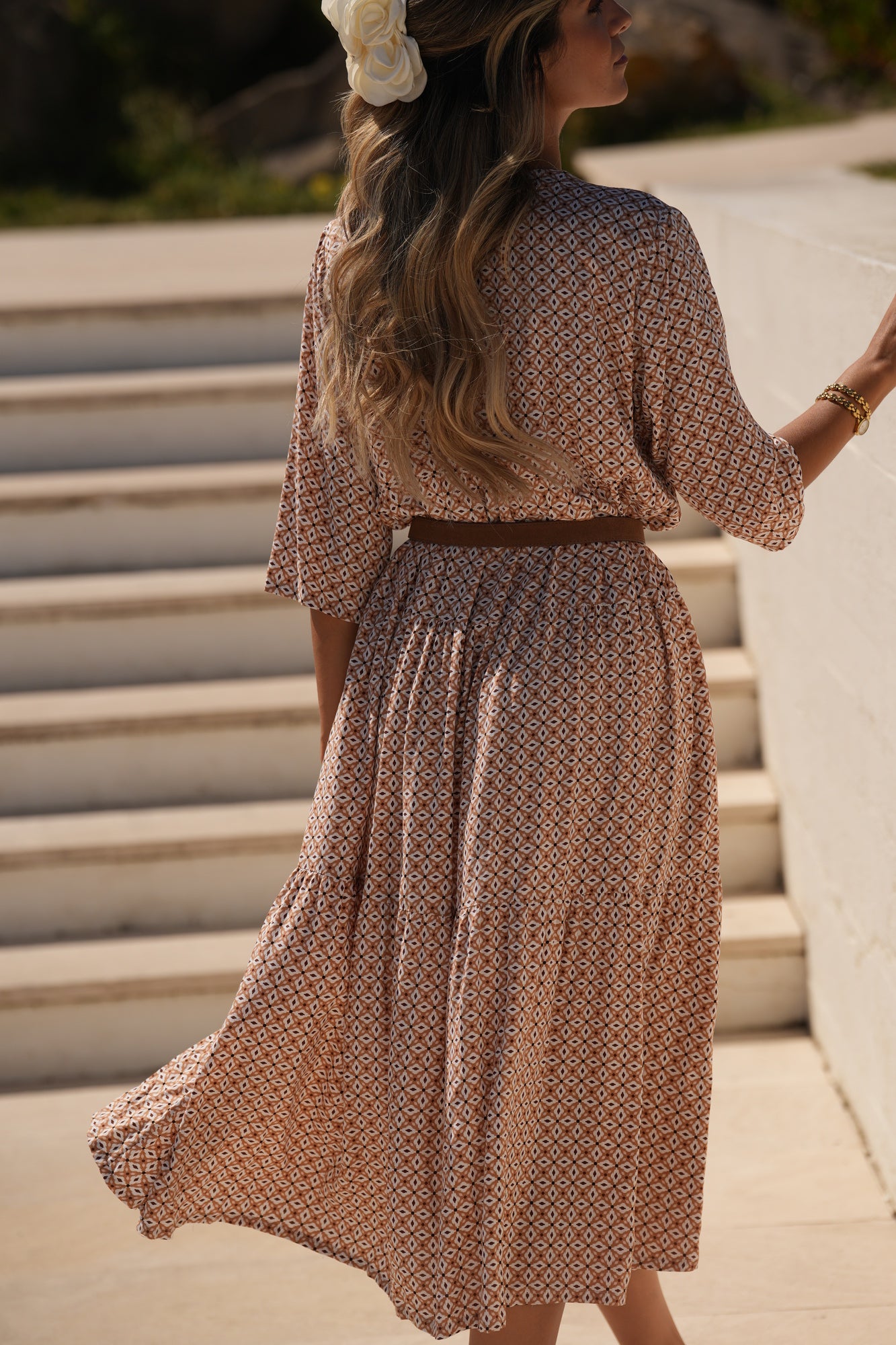 Vestido comprido em viscose estampada