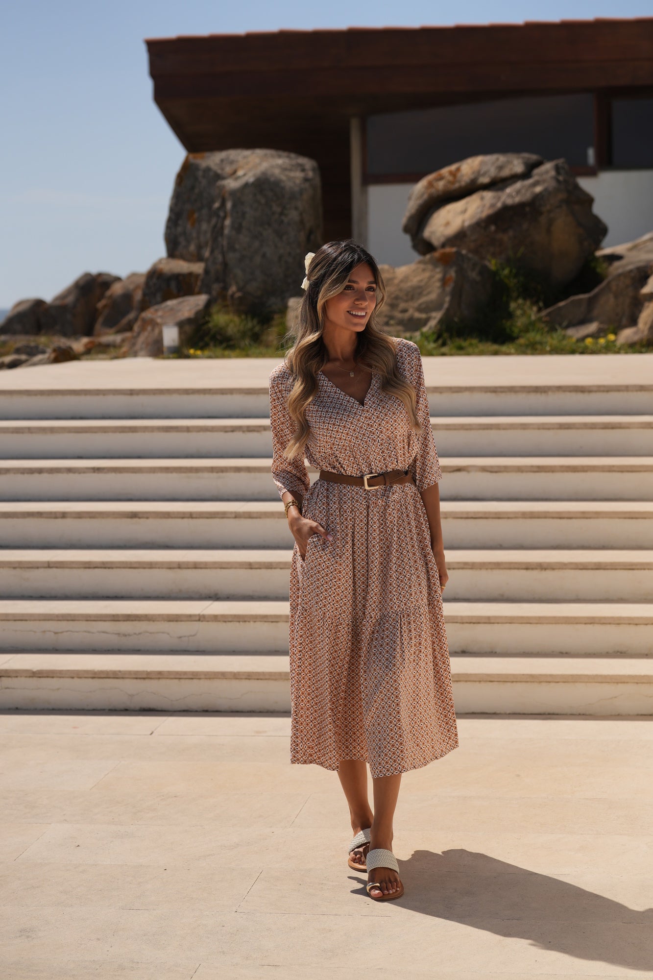 Vestido comprido em viscose estampada
