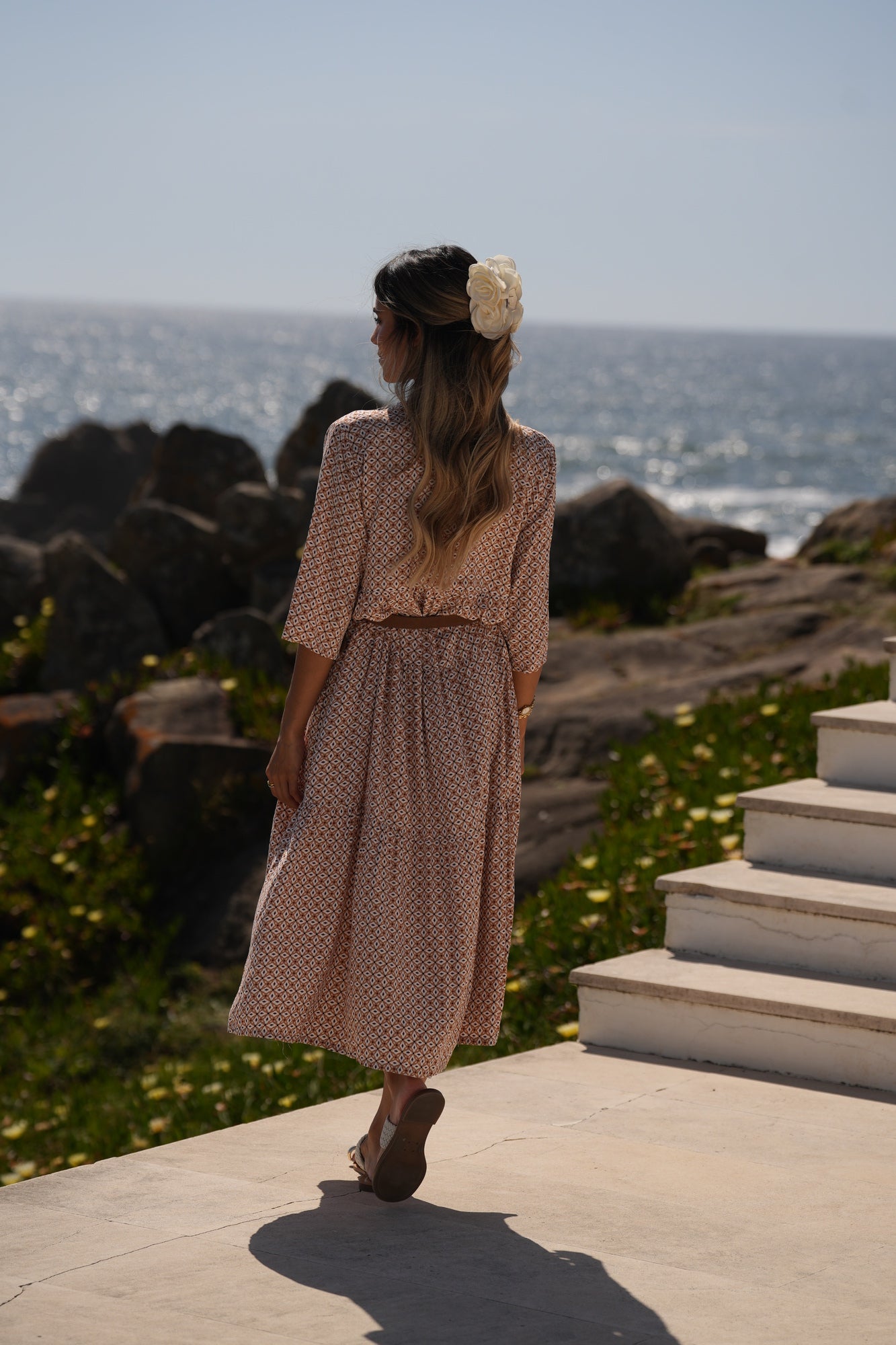 Vestido comprido em viscose estampada