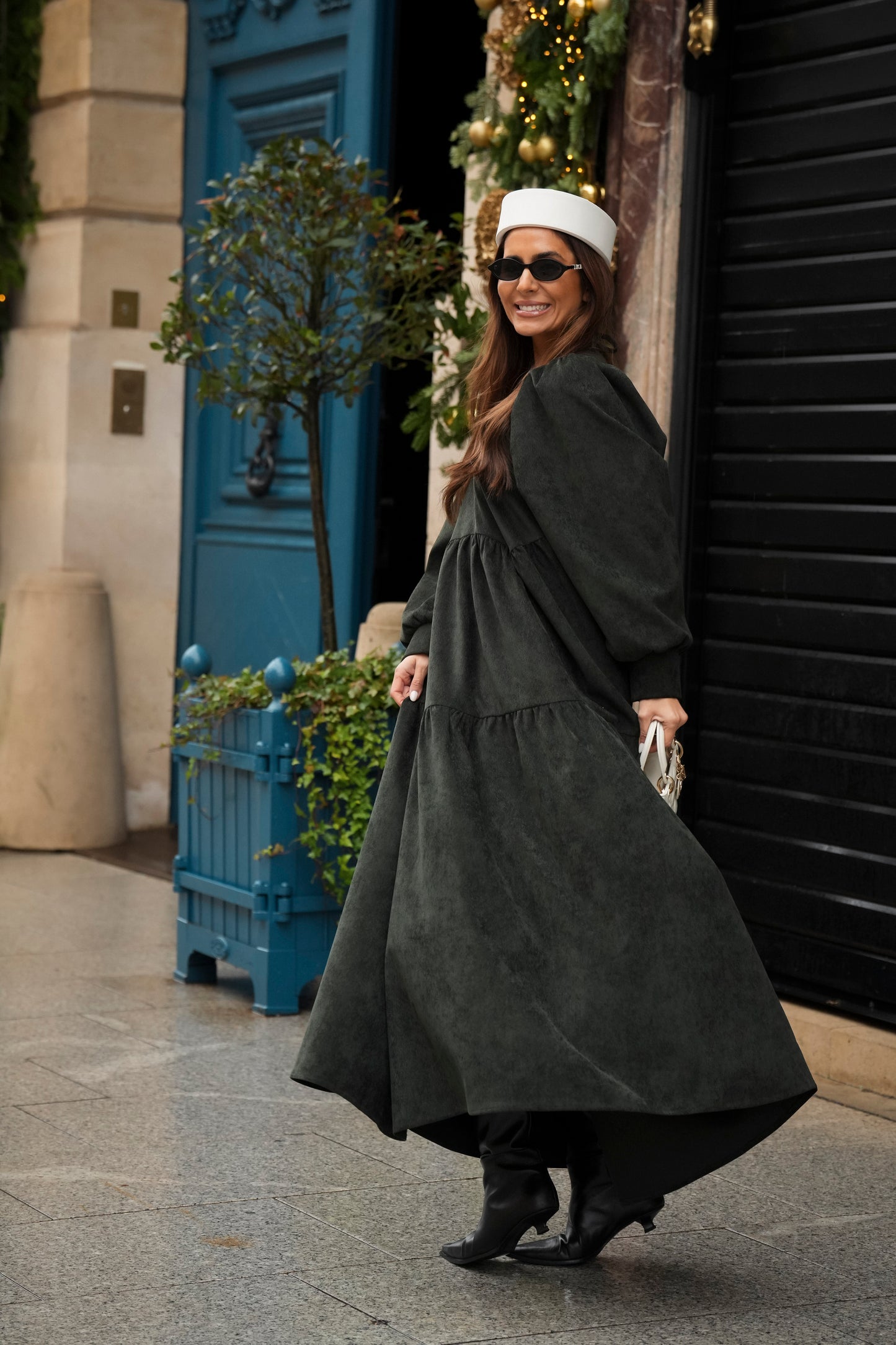 Vestido comprido com folho em bombazine