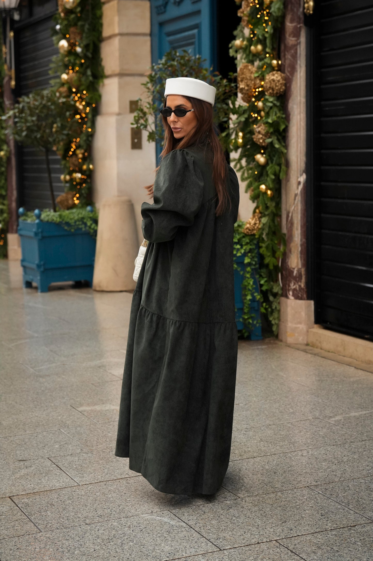 Vestido comprido com folho em bombazine