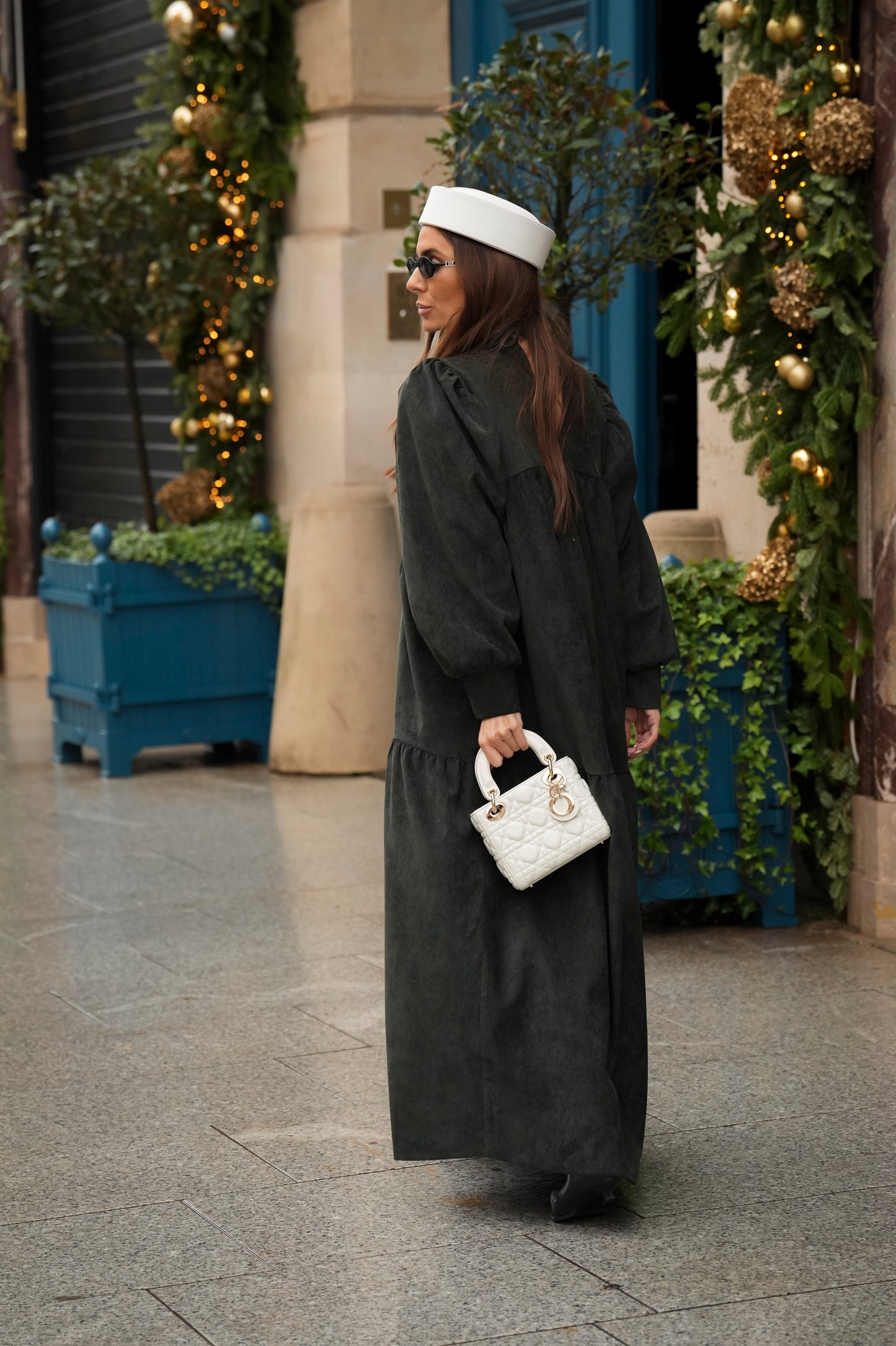 Vestido comprido com folho em bombazine