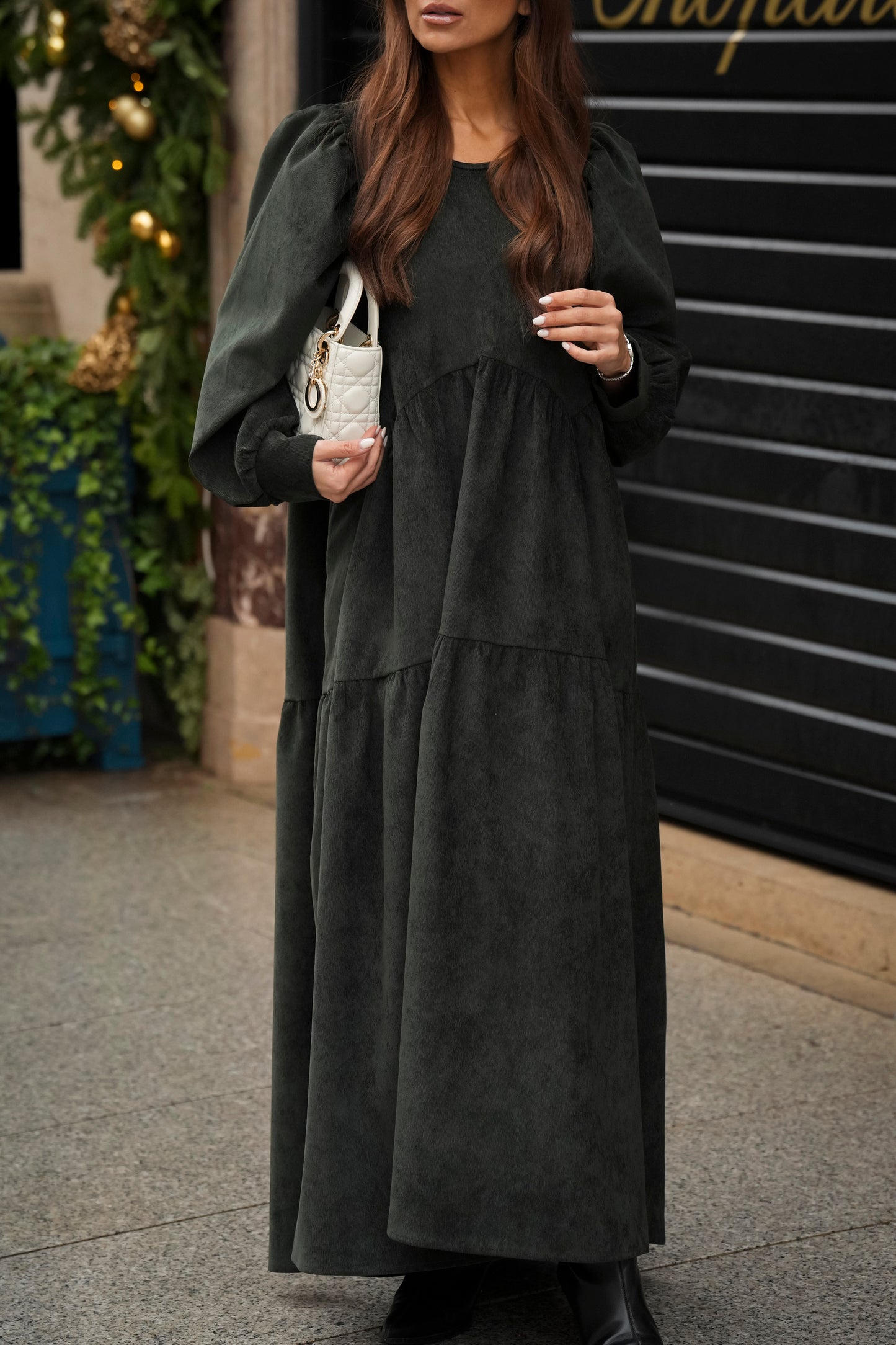 Vestido comprido com folho em bombazine