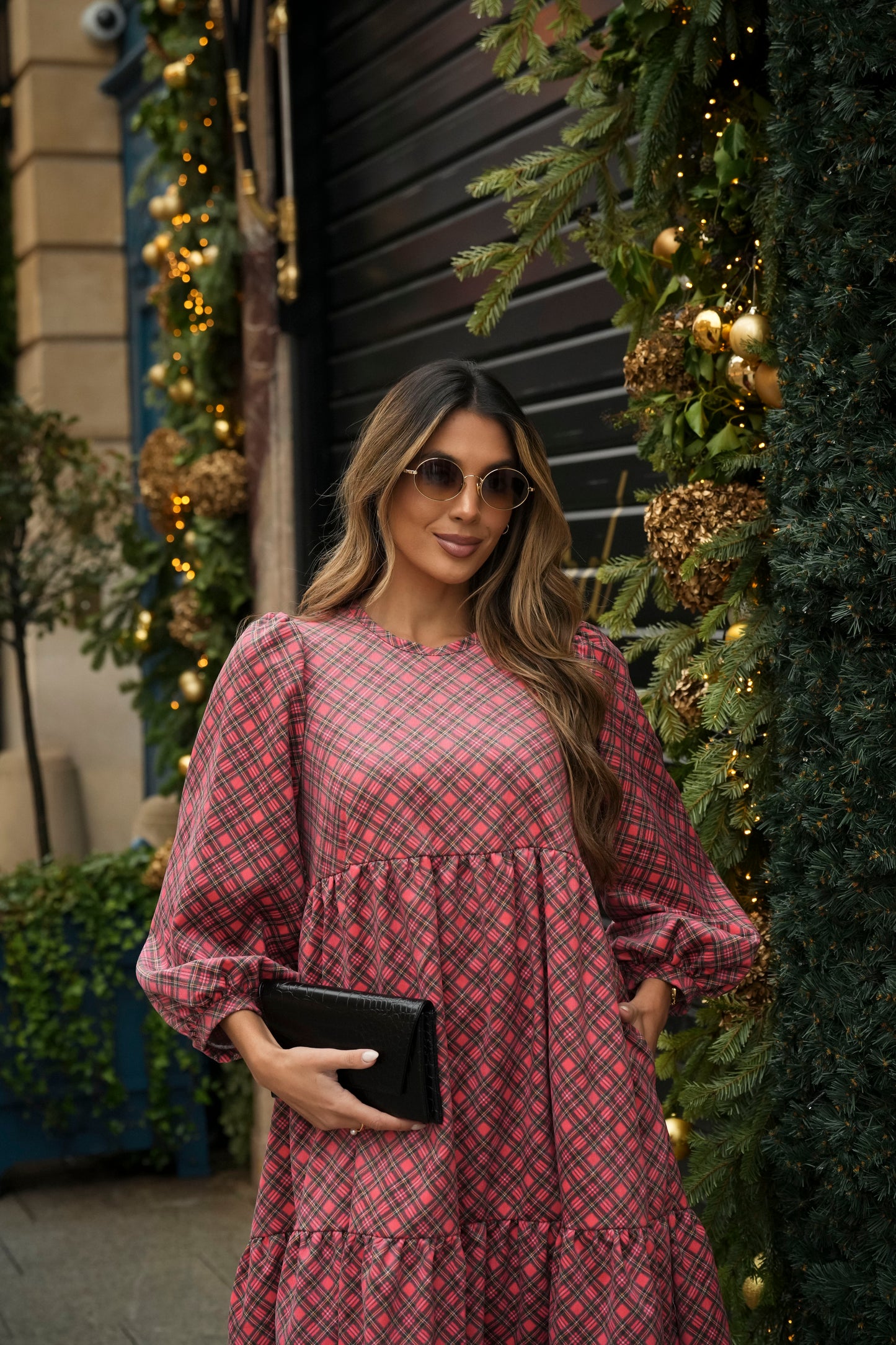 Vestido comprido com folhos em bombazine