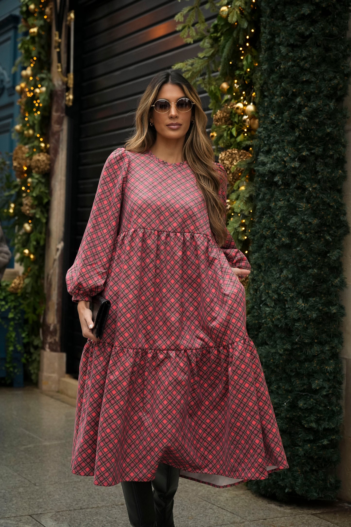 Vestido comprido com folhos em bombazine