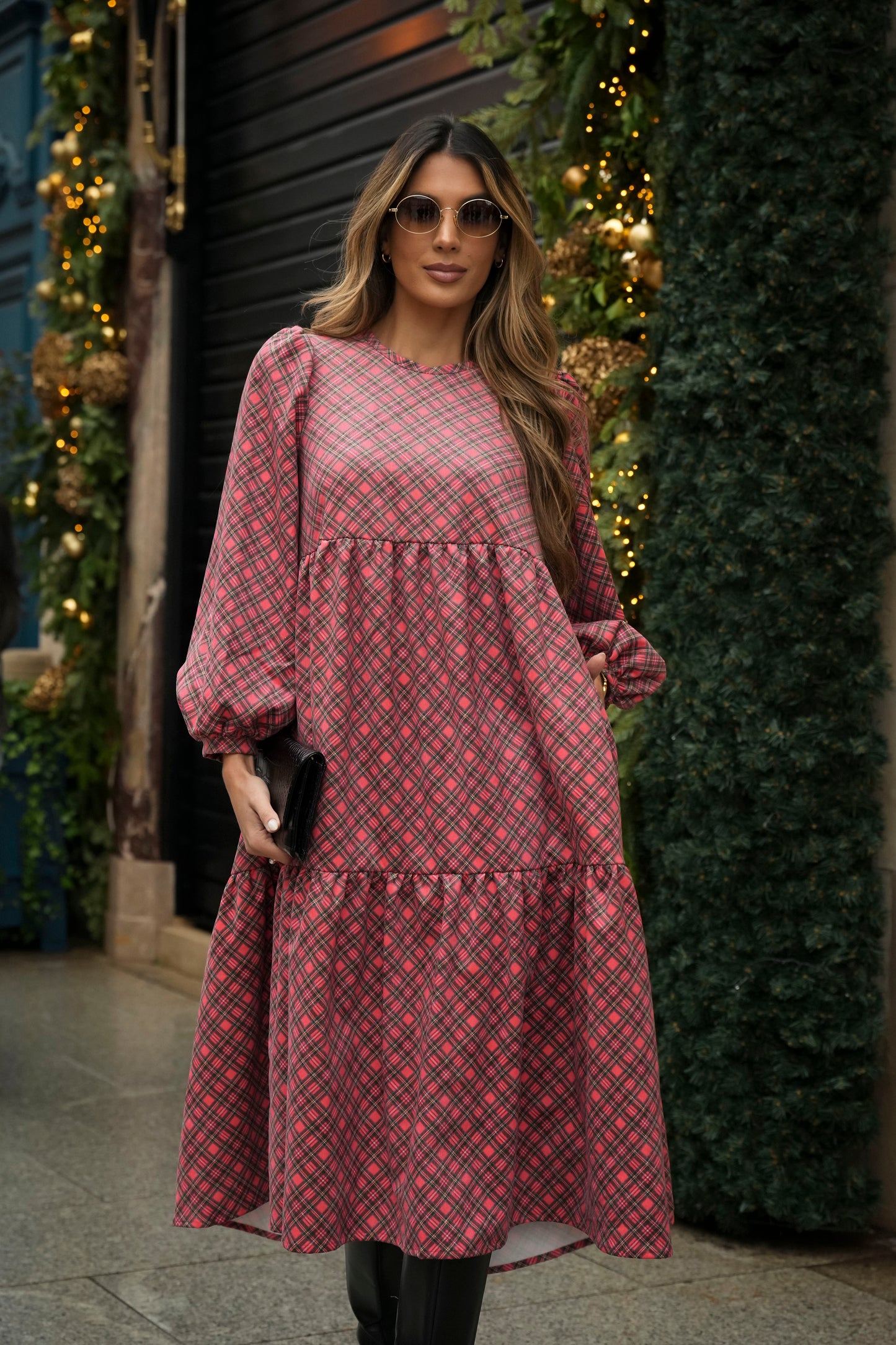 Vestido comprido com folhos em bombazine