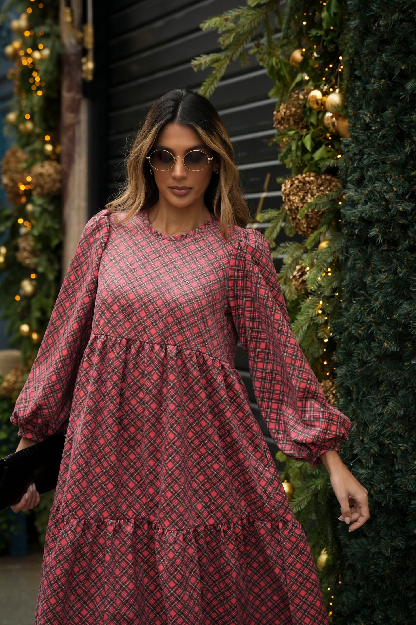 Vestido comprido com folhos em bombazine