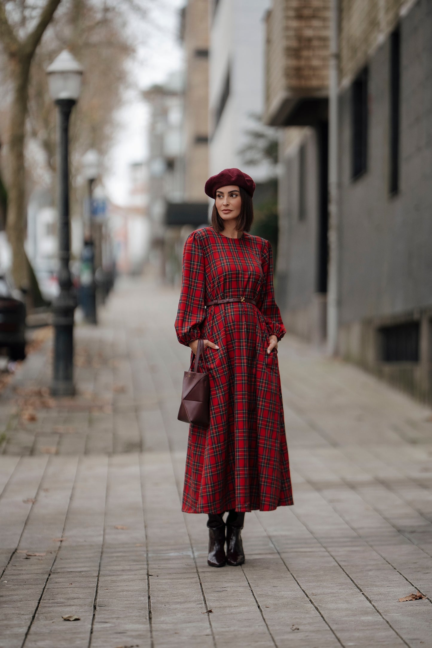 Vestido comprido em xadrez vermelho