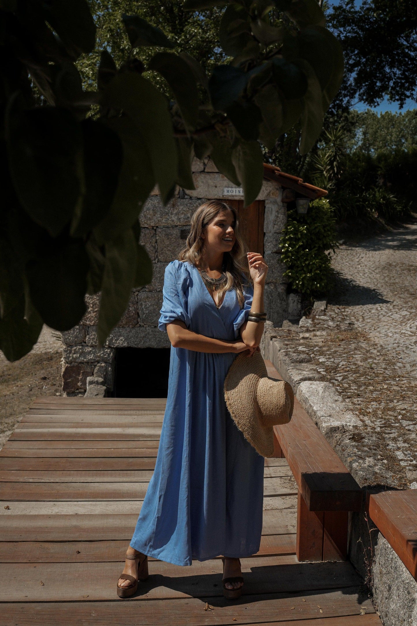 Vestido comprido com manga balão