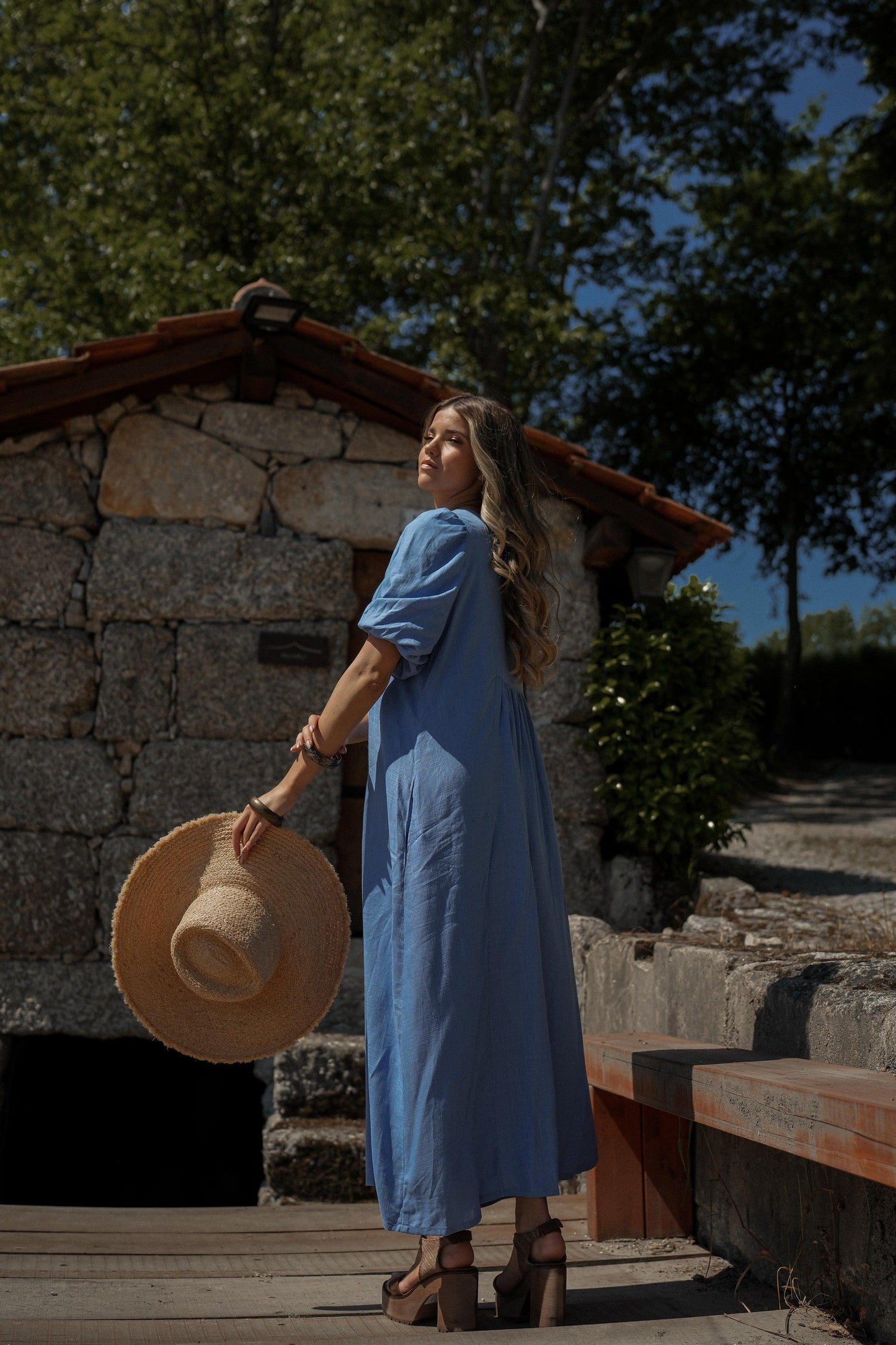 Vestido comprido com manga balão