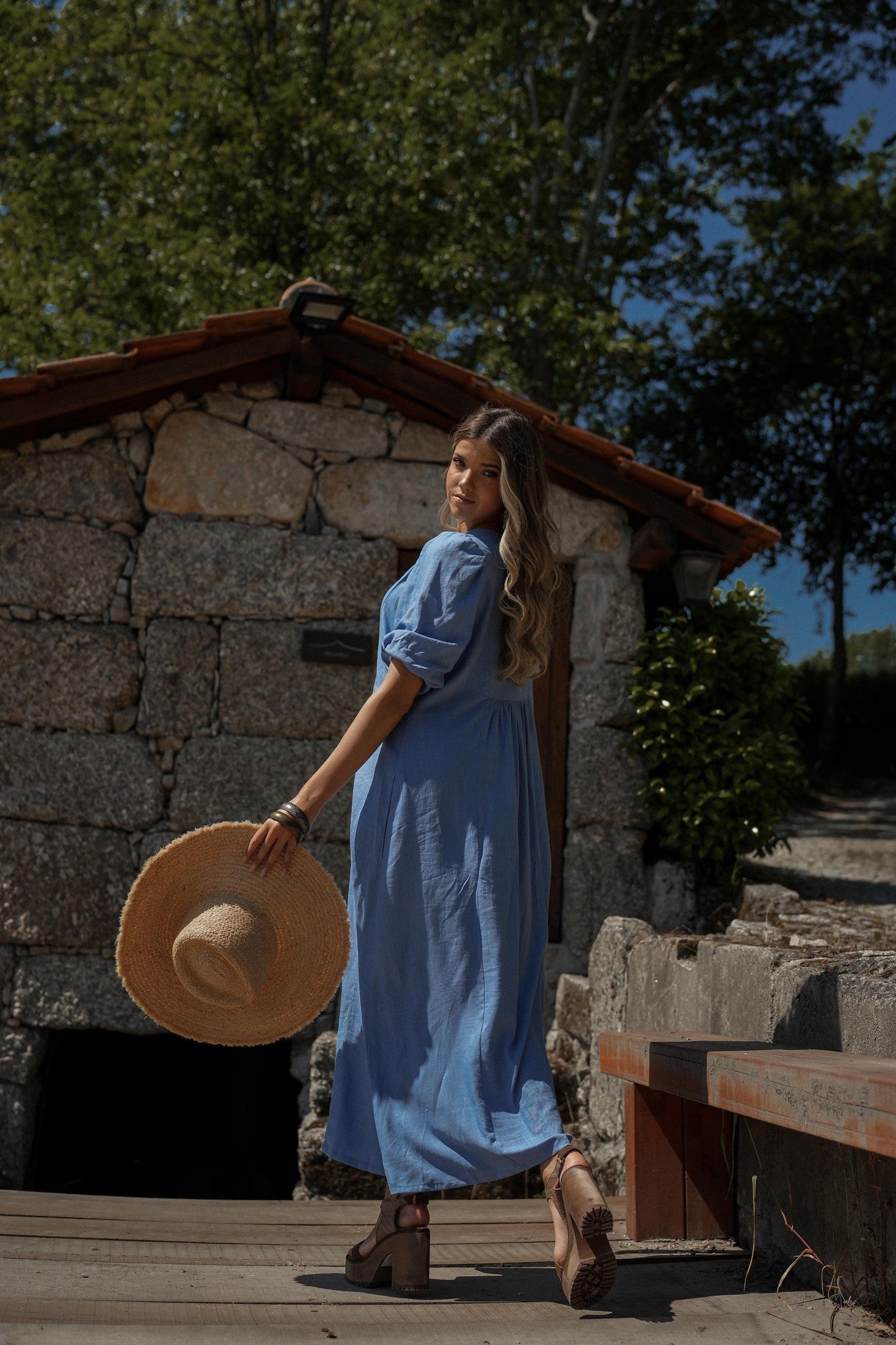 Vestido comprido com manga balão